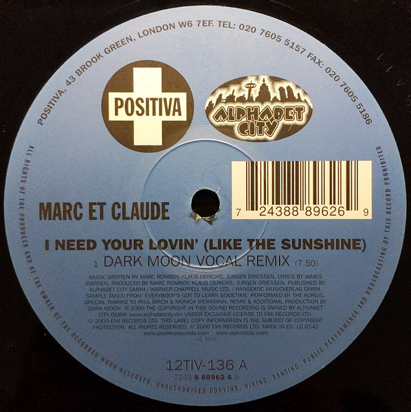Marc Et Claude - I Need Your Lovin' (Like The Sunshine) | Positiva (12TIV-136) - 3