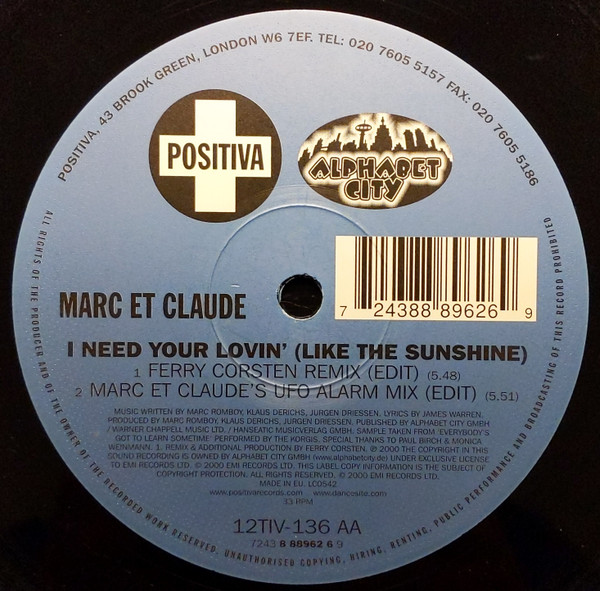 Marc Et Claude - I Need Your Lovin' (Like The Sunshine) | Positiva (12TIV-136) - 4