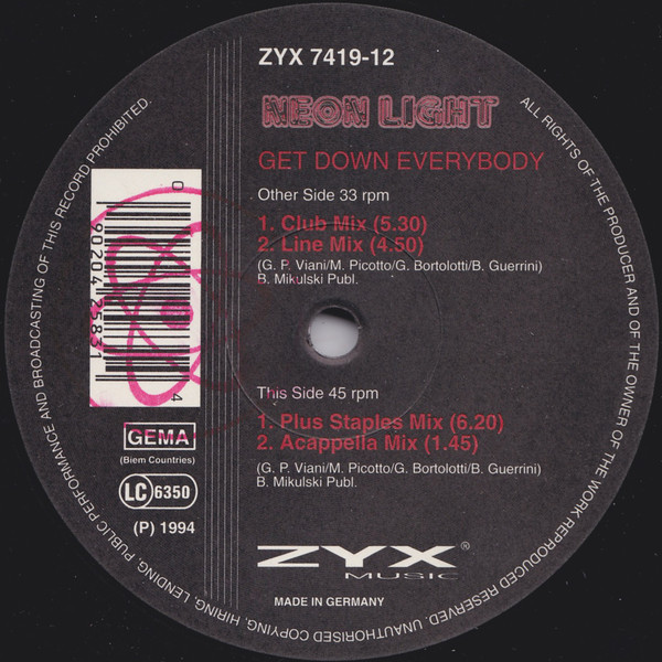 Neon Light - Get Down Everybody | ZYX Music (ZYX 7419 12) - main