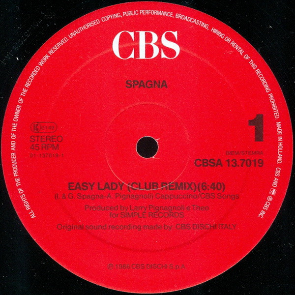 Ivana Spagna - Easy Lady (Club Remix) | CBS (CBSA 13.7019) - 3 Ivana Spagna - Easy Lady (Club Remix) | CBS (CBSA 13.7019) - 3