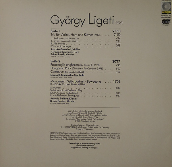 György Ligeti - Trio Für Violine, Horn Und Klavier - Passacaglia Ungherese / Hungarian Rock / Continuum - Monument · Selbstportrait · Bewegung | Wergo (WER 60100) - 3 György Ligeti - Trio Für Violine, Horn Und Klavier - Passacaglia Ungherese / Hungarian Rock / Continuum - Monument · Selbstportrait · Bewegung | Wergo (WER 60100) - 3