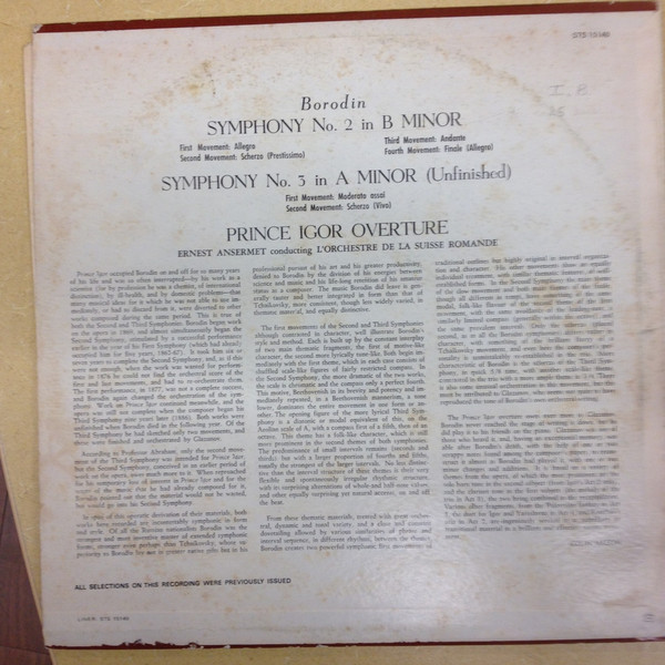 Alexander Borodin , Ernest Ansermet , L'Orchestre De La Suisse Romande - Symphony No. 2 In B Minor / Symphony No. 3 In A Minor (Unfinished) / "Prince Igor" - Overture | London Records (STS 15149) - 2