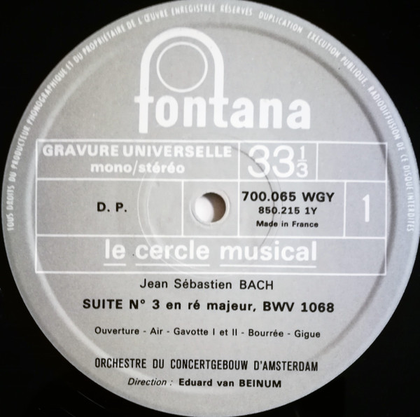 Johann Sebastian Bach , Concertgebouworkest , Eduard van Beinum - Suites Pour Orchestre № 3 Et 4 | Fontana (700.065 WG Y)