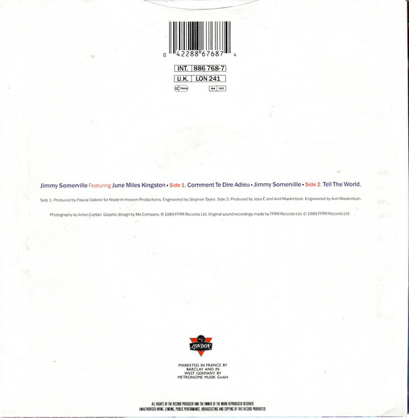 Jimmy Somerville Featuring June Miles-Kingston - Comment Te Dire Adieu | London Records (886 768-7) - 2 Jimmy Somerville Featuring June Miles-Kingston - Comment Te Dire Adieu | London Records (886 768-7) - 2