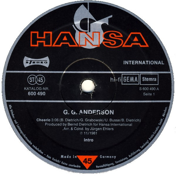 G.G. Anderson - Cheerio / A Star Is Shining | Hansa International (600 490) - 3