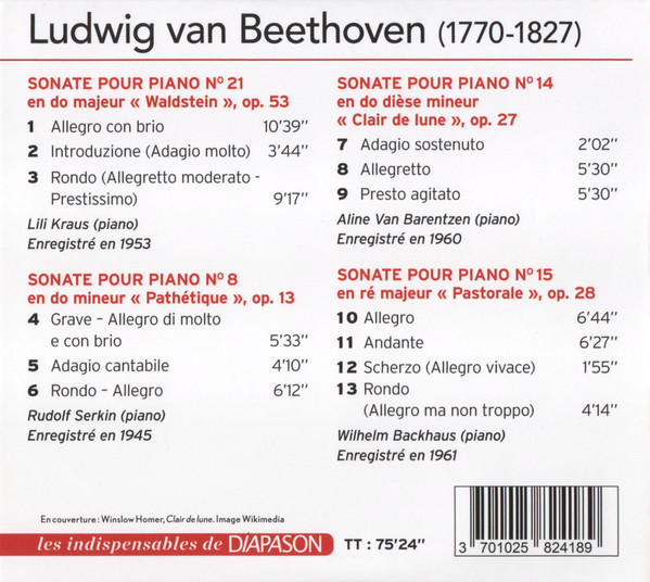 Ludwig van Beethoven / Lili Kraus , Aline Van Barentzen , Rudolf Serkin , Wilhelm Backhaus - Sonates Pour Piano - Waldstein, Pathétique, Clair De Lune, Pastorale | Les Indispensables de Diapason (N°129) - 2