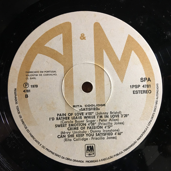 Rita Coolidge - Satisfied | A&M Records (1PSP 4781) - 3