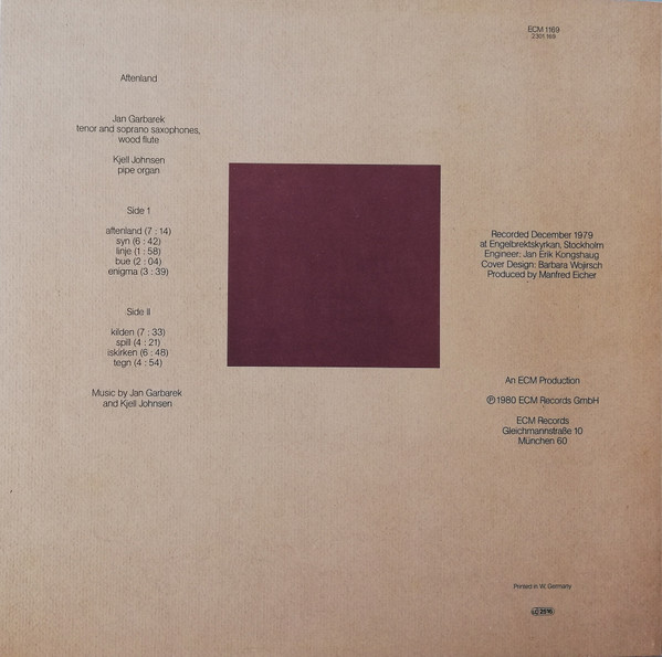 Jan Garbarek , Kjell Johnsen - Aftenland | ECM Records (ECM 1169) - 2