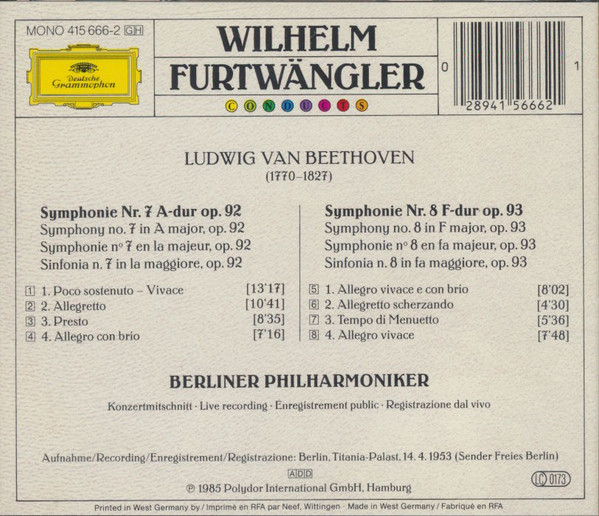 Ludwig van Beethoven - Wilhelm Furtwängler , Berliner Philharmoniker - Symphonien Nos. 7 & 8 | Deutsche Grammophon (415 666-2) - 2