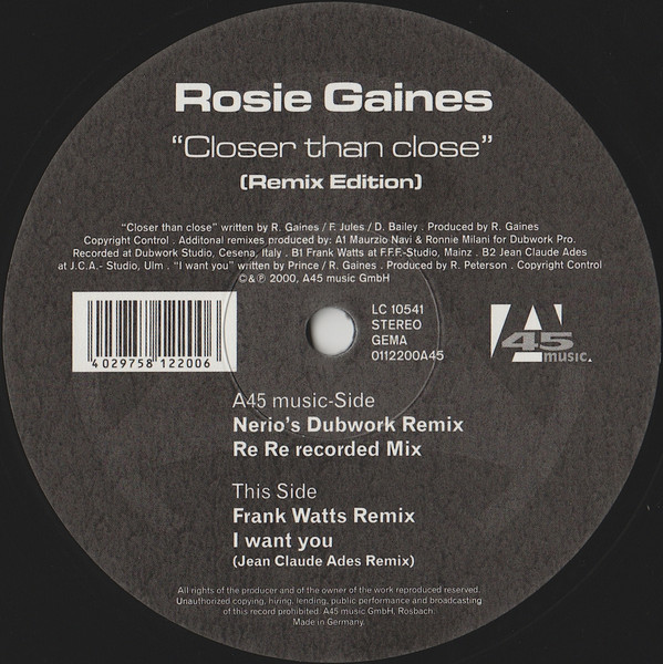 Rosie Gaines - Closer Than Close (Remix Edition) | A45 Music (0112200A45)