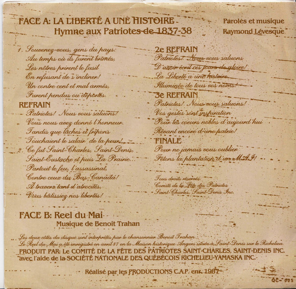 Benoit Trahan - Hymne Aux Patriotes de 1837-38 - 150e Anniversaire | Not On Label (QC-005) - 2 Benoit Trahan - Hymne Aux Patriotes de 1837-38 - 150e Anniversaire | Not On Label (QC-005) - 2