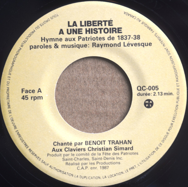 Benoit Trahan - Hymne Aux Patriotes de 1837-38 - 150e Anniversaire | Not On Label (QC-005) - 3 Benoit Trahan - Hymne Aux Patriotes de 1837-38 - 150e Anniversaire | Not On Label (QC-005) - 3