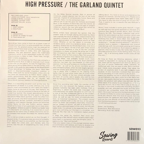 The Red Garland Quintet With John Coltrane And Donald Byrd - High Pressure (Limited Edition - Clear Vinyl) [Vinyl] | Sowing Records (SOW023) - 2