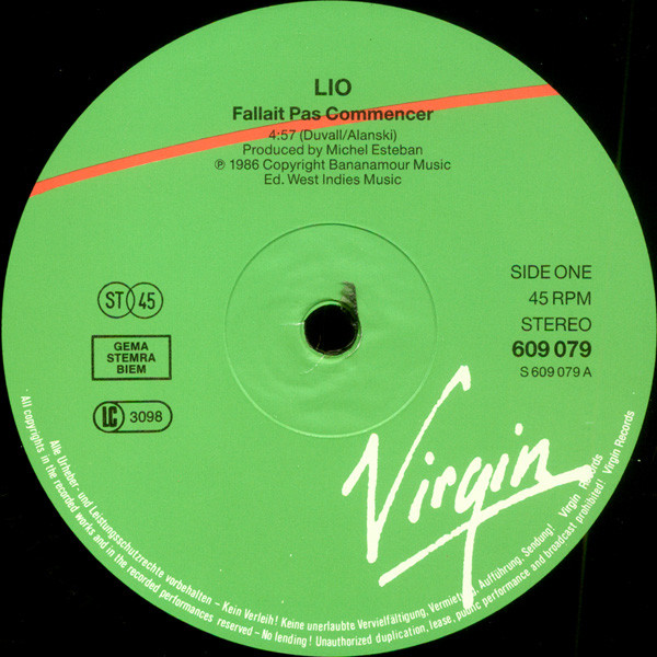 Lio - Fallait Pas Commencer (Club Remix) | Virgin (609 079) - 3 Lio - Fallait Pas Commencer (Club Remix) | Virgin (609 079) - 3