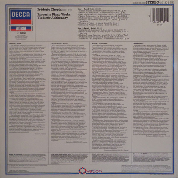 Frédéric Chopin , Vladimir Ashkenazy - Favourite Piano Works = Oeuvres Choisies = Beliebte Chopin-Werke | Decca (410 180-1) - 2
