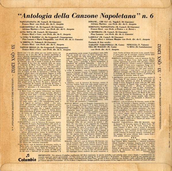 Various - Antologia Della Canzone Napoletana 6 | Columbia (33 - QSX 12032) - 2 Various - Antologia Della Canzone Napoletana 6 | Columbia (33 - QSX 12032) - 2