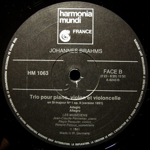 Johannes Brahms , Jean-Claude Pennetier , Régis Pasquier , Roland Pidoux - Trios Pour Piano, Violon & Violoncelle Opus 8, 87, 101 | Harmonia Mundi France (HM 1063/64) - 4