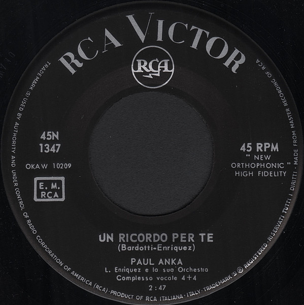 Paul Anka - Un Ricordo Per Te | RCA Victor (45N - 1347) - 3