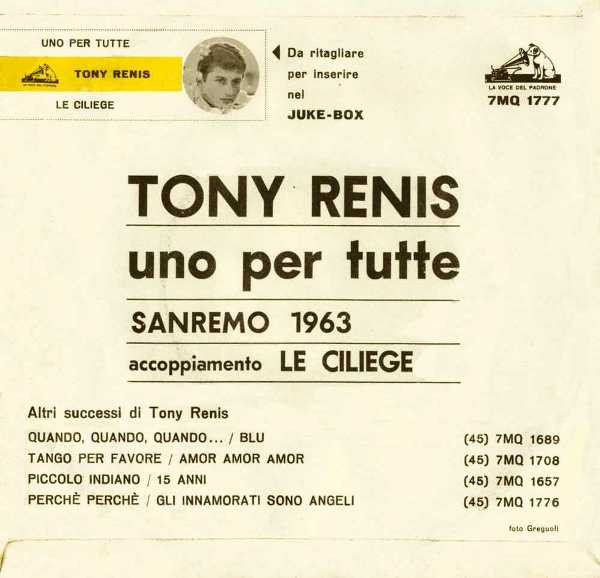 Tony Renis - Uno Per Tutte | La Voce Del Padrone (7MQ 1777) - 2