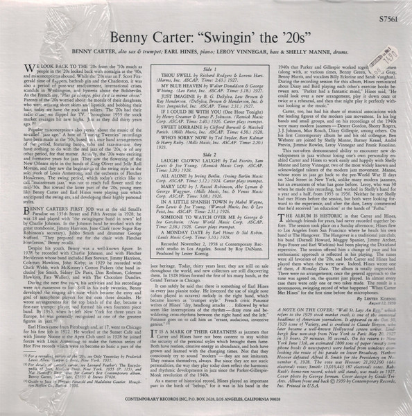 The Benny Carter Quartet - Swingin' The '20s | Contemporary Records (S 7561) - 2