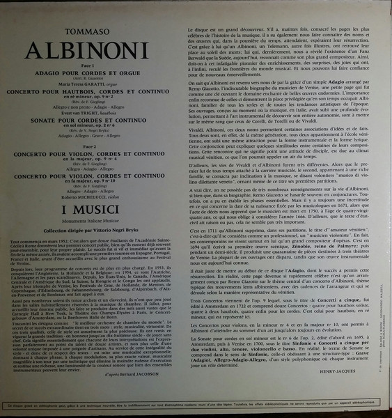 Tomaso Albinoni - I Musici - Le Célèbre Adagio -  Concerto Pour Hautbois - 2 Concertos Pour Violon - Sonate Pour Cordes Et Continuo. | Philips (6515 008) - 2