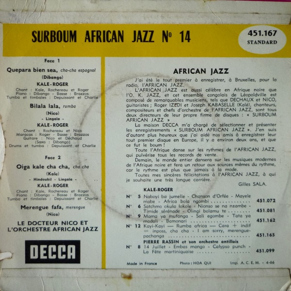 Le Grand Kalle - Roger Izeidi - Dr. Nico - Surboum African Jazz Nº 14 | Decca (451.167 S) - 2