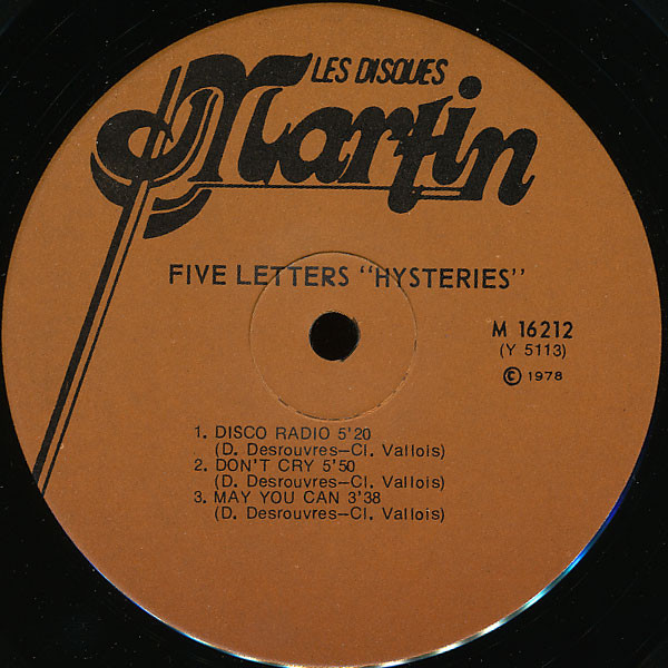Five Letters - Hysteries [Vinyl] | Les Disques Martin (M 16212) - 3