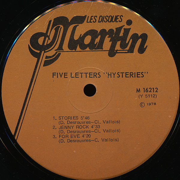 Five Letters - Hysteries [Vinyl] | Les Disques Martin (M 16212) - 4