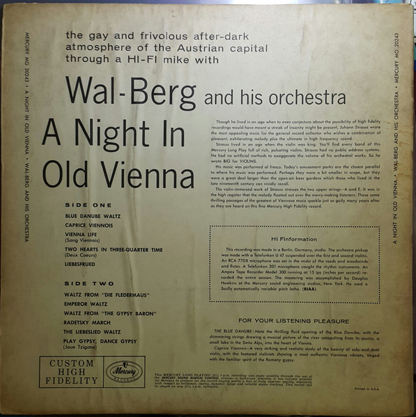 Wal-Berg Orchestra - A Night In Old Vienna | Mercury (MG 20243) - 2
