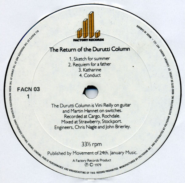 The Durutti Column - The Return Of The Durutti Column [Vinyl] | Factory (FACN 03) - 3