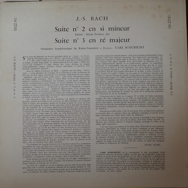 Johann Sebastian Bach - Radio-Sinfonie-Orchester Frankfurt , Klaus Pohlers , Carl Schuricht - Suites Pour Orchestre N° 2 En Si Mineur Avec Flûte Solo. N° 3 En Ré Majeur | Guilde Internationale Du Disque (M. 2231) - 2
