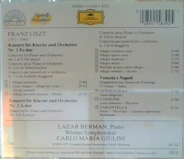Franz Liszt - Lazar Berman , Wiener Symphoniker , Carlo Maria Giulini - Klavierkonzerte Nr. 1 & 2 / "Venezia E Napoli": Gondoliera, Canzone & Tarantella | Deutsche Grammophon (415 839-2) - 2