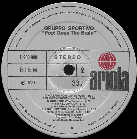 Gruppo Sportivo - Pop! Goes The Brain - Vinilo | Ariola (I-203.988) - 4 Gruppo Sportivo - Pop! Goes The Brain - Vinilo | Ariola (I-203.988) - 4