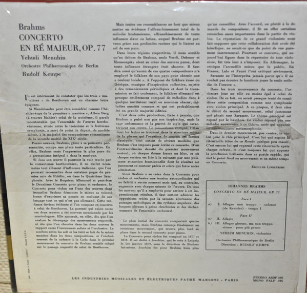 Yehudi Menuhin , Rudolf Kempe , Berliner Philharmoniker , Johannes Brahms - Concerto Pour Violon | La Voix De Son Maître (ASDF 595) - 2
