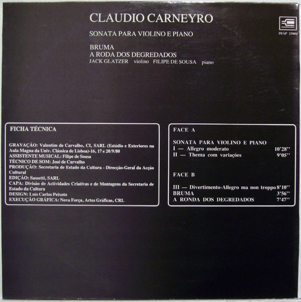Cláudio Carneyro - Jack Glatzer , Filipe de Sousa - Sonata Para Violino E Piano • Bruma • A Roda Dos Degredados | Diapasão (DIAP 25004) - 2