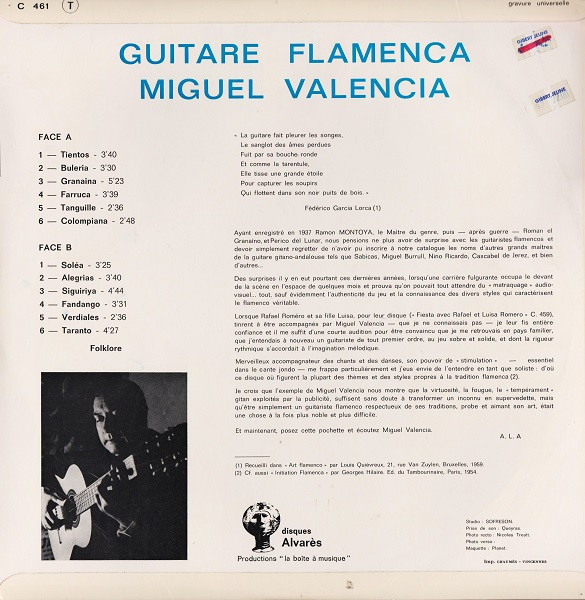 Miguel Valencia - Guitare Flamenca | Disques Alvarès (C 461) - 2