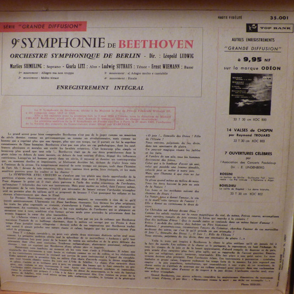 Ludwig van Beethoven , Leopold Ludwig , Berliner Symphoniker - 9ème Symphonie | Top Rank International (35.001) - 2