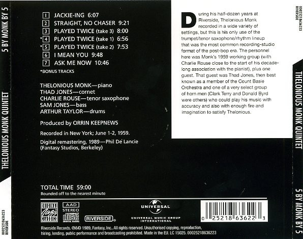 The Thelonious Monk Quintet - 5 By Monk By 5 | Original Jazz Classics (00025218636223) - 2 The Thelonious Monk Quintet - 5 By Monk By 5 | Original Jazz Classics (00025218636223) - 2