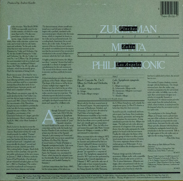 Pinchas Zukerman / Zubin Mehta , Los Angeles Philharmonic Orchestra - Max Bruch / Édouard Lalo - Violin Concerto No. 1 / Symphonie Espagnole | Columbia Masterworks (M 35132) - 2
