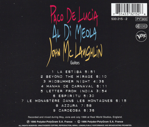Paco De Lucía , Al Di Meola , John McLaughlin - The Guitar Trio | Verve Records (533 215-2) - 2