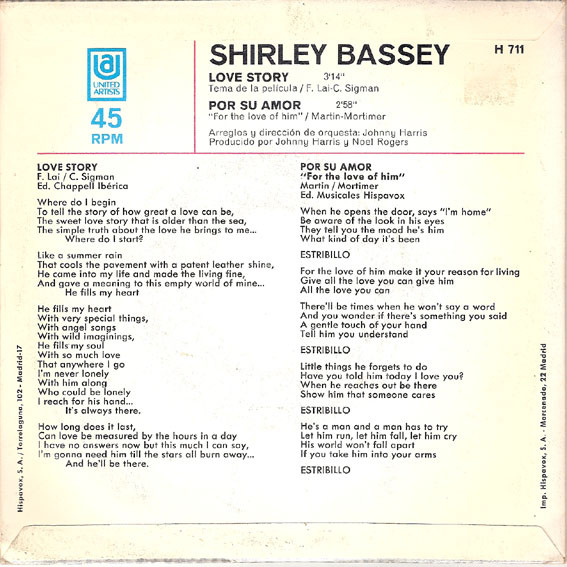 Shirley Bassey - Love Story / Por Su Amor | United Artists Records (H 711) - 2
