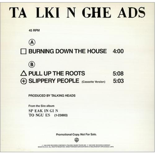 Talking Heads - Burning Down The House / Pull Up The Roots / Slippery People (Cassette Version) | Sire (PRO-A-2057) Talking Heads - Burning Down The House / Pull Up The Roots / Slippery People (Cassette Version) | Sire (PRO-A-2057)
