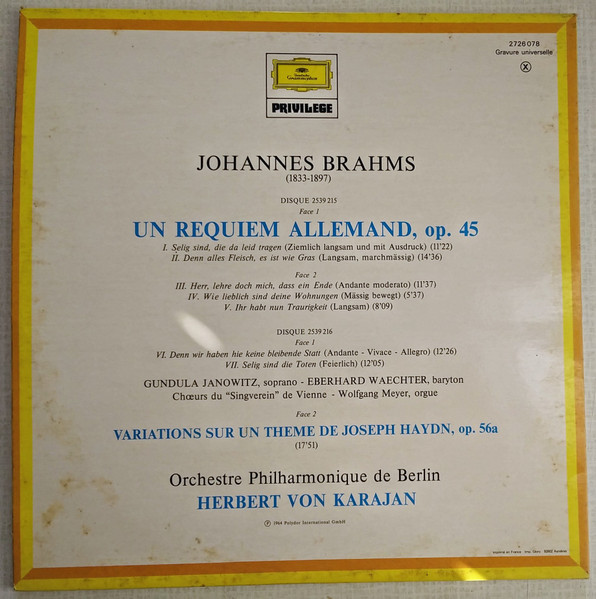 Johannes Brahms / Gundula Janowitz , Eberhard Wächter , Wiener Singverein , Berliner Philharmoniker , Herbert von Karajan - Un Requiem  Allemand / Variation Sur Un Theme De Haydn | Deutsche Grammophon (2726 078) - 4