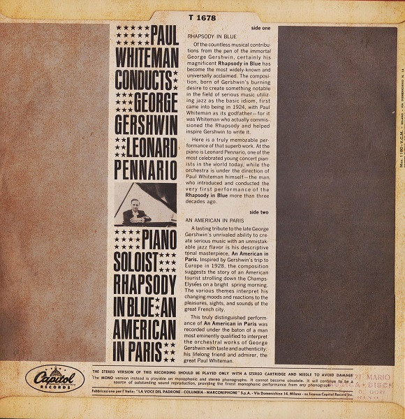Paul Whiteman Conducts George Gershwin / Piano Soloist Leonard Pennario - Rhapsody In Blue / An American In Paris | Capitol Records (T 1678) - 2 Paul Whiteman Conducts George Gershwin / Piano Soloist Leonard Pennario - Rhapsody In Blue / An American In Paris | Capitol Records (T 1678) - 2