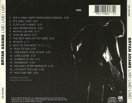 Bryan Adams - Live! Live! Live! [CD] | A&M Records (CD 507094) - 3