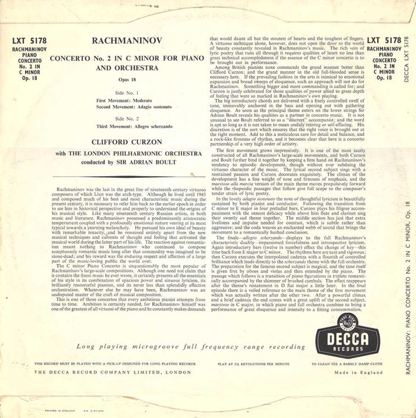 Sergei Vasilyevich Rachmaninoff , Clifford Curzon , London Philharmonic Orchestra Conducted By Sir Adrian Boult - Piano Concerto No.2 In C Minor | Decca (LXT 5178) - 2
