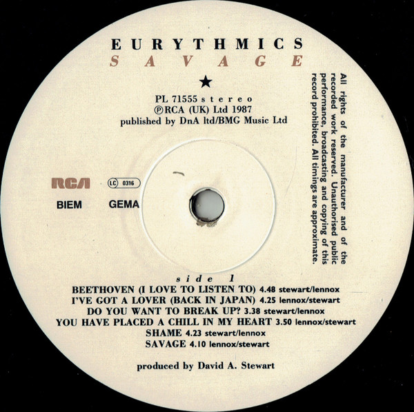 Eurythmics - Savage | RCA (PL 71555) - 3 Eurythmics - Savage | RCA (PL 71555) - 3