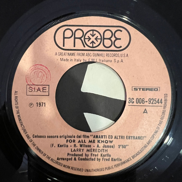 Larry Meredith & Country Coalition - For All We Know - Colonna Sonora Originale Del Film "Amanti Ed Altri Eastranei" | Probe (3C 006-92544) - 3 Larry Meredith & Country Coalition - For All We Know - Colonna Sonora Originale Del Film "Amanti Ed Altri Eastranei" | Probe (3C 006-92544) - 3