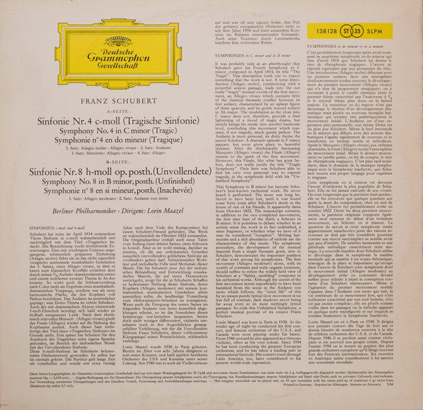 Franz Schubert , Berliner Philharmoniker · Lorin Maazel - Sinfonien Nr. 4 C-Moll (Tragische) · Nr. 8 H-Moll (Unvollendete) | Deutsche Grammophon (138 128 SLPM) - main