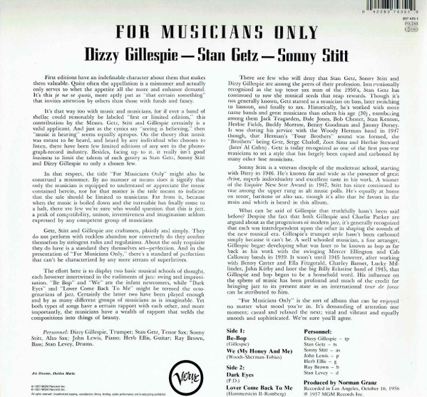 Stan Getz / Dizzy Gillespie / Sonny Stitt - For Musicians Only | Verve Records (837 435-1) - 2 Stan Getz / Dizzy Gillespie / Sonny Stitt - For Musicians Only | Verve Records (837 435-1) - 2